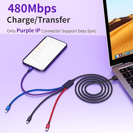 4 in 1 Multi Charging Cable 2 Pack 6FT Charging Cords for Devices | Nylon Braided USB C Car Charger Cable with Dual USB-C IP &amp Micro Ports Long Travel Charging Cord for Cars