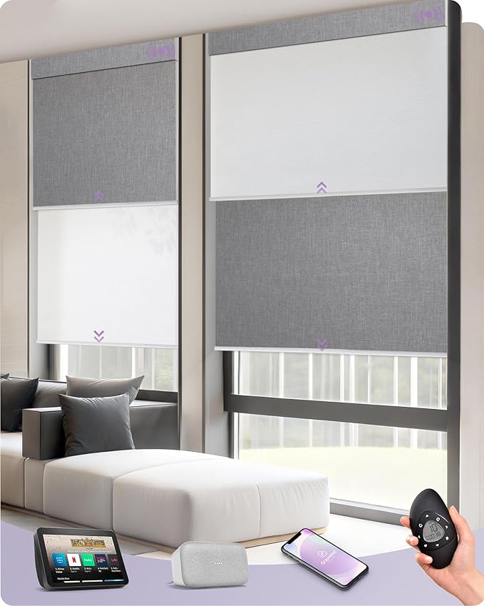Graywind Motorized Dual Shades for Windows Smart Double Blinds Blackout and Light Filtering Motorized Blinds with Remote Alexa Google Control Day Night Shades, Custom Size (Blackout Light Grey)