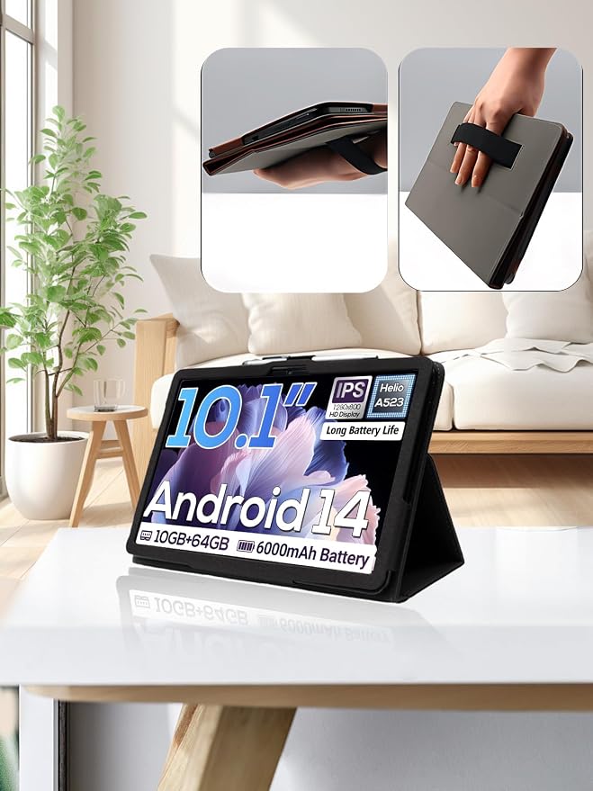 for DigiLand s10 10.1 Inch Android Tablet CaseBOVUGAC Folding Stand Protective Cover with Pencil Holder and Wrist StrapFull Protection Premium PUScratch Resistant(Black)