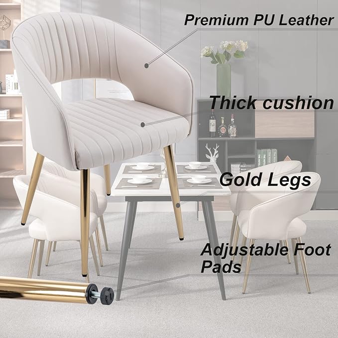 Modern Dining Chairs Set of 8, Upholstered PU Leather Gold Dining Room Chairs with Hollow Back, Accent Armrest Kitchen Chairs with Gold Legs for Living Room Cream
