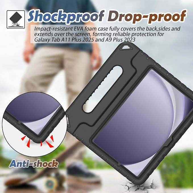LTROP Shockproof Lightweight Convertible Handle Stand Case for Samsung Galaxy Tab A11 Plus 2025 / A9 Plus 11 Inch 2023 with Built-in Screen Protector Galaxy Tab A11+ / A9+ Case for Kids Black