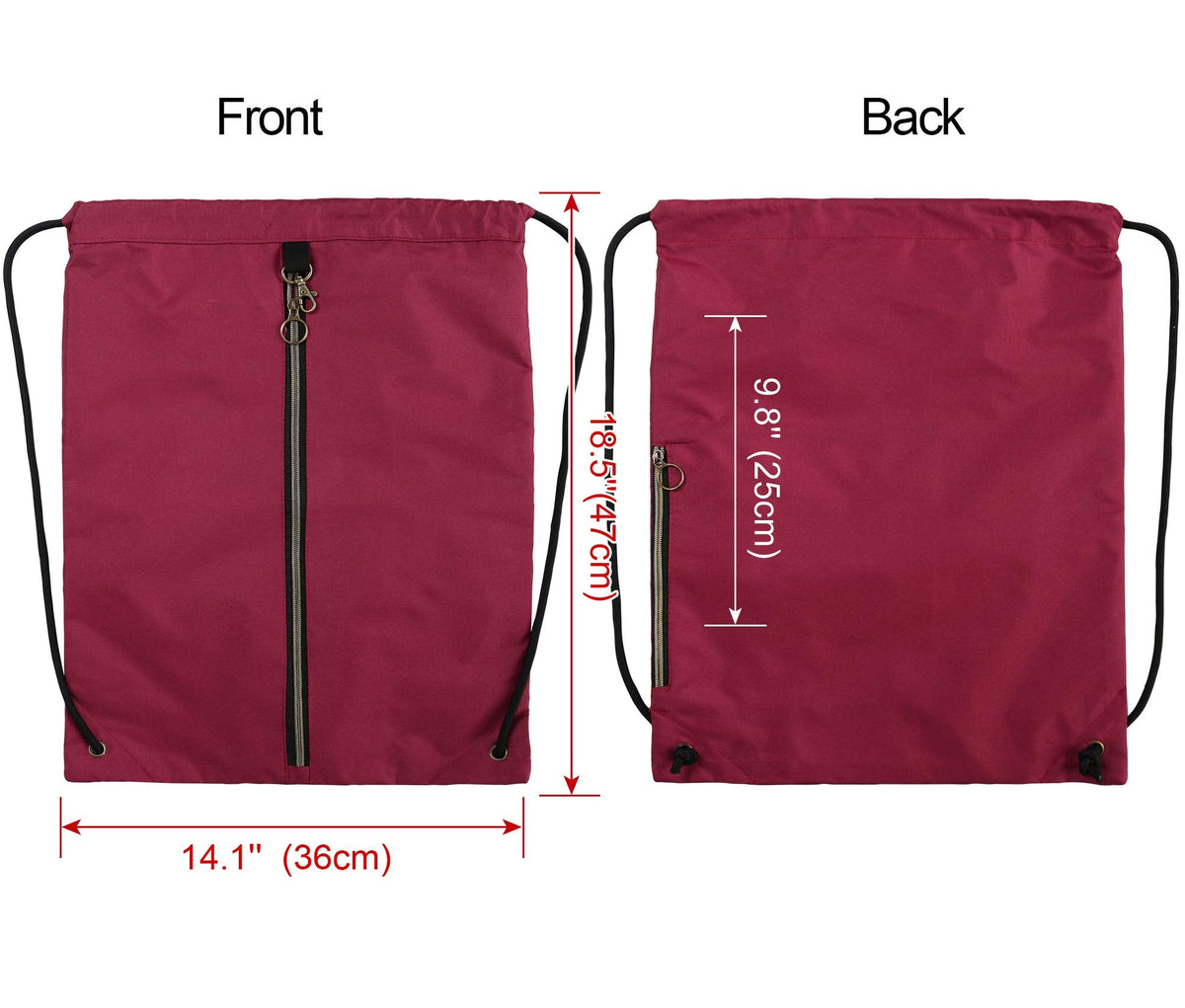 BeeGreen Maroon Drawstring Backpack with 3 Zipper Pocket and 2 Inside Pouch，19.2 "x 15" Large Sports Gym Drawstring bag Draw String Bags Pack