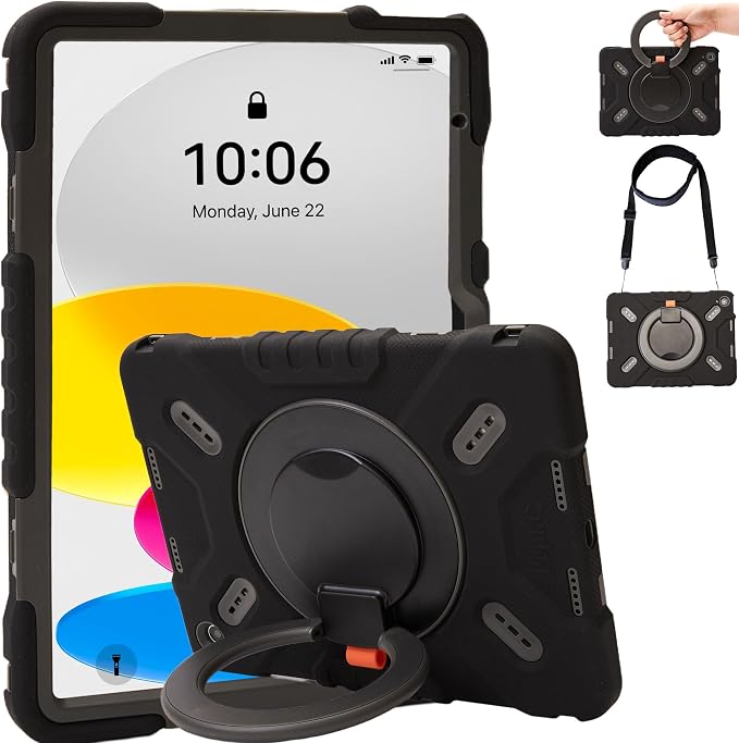 Pepkoo Triple Shock-Absorbing Protective Case for iPad (A16) 11th/10th Gen | Comfortable Heavy-Duty Kids Protective Case With Tactile Sensation With Handle Shoulder Strap (Black)