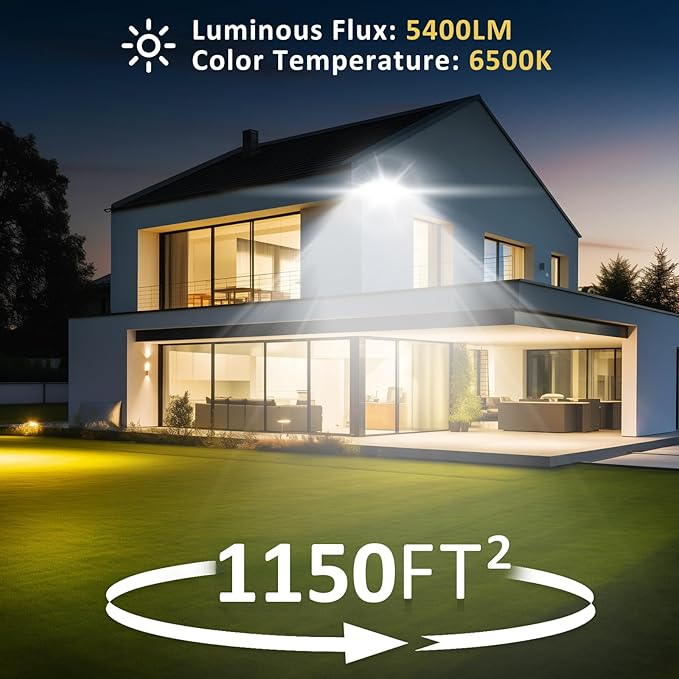 60W Flood Lights Outdoor,5400LM Bright Work Light Plug in,6500K Daylight White LED Flood Light Outdoor, IP66 Waterproof Exterior Floodlight for Yard Garage Stadium 2 Pack