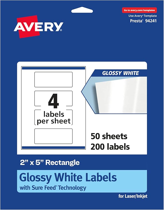 Avery Glossy White Rectangle Labels, Sure Feed Technology, 2" x 5", 200 Glossy White Labels, Print-to-The-Edge, Permanent Adhesive, Laser/Inkjet Printable
