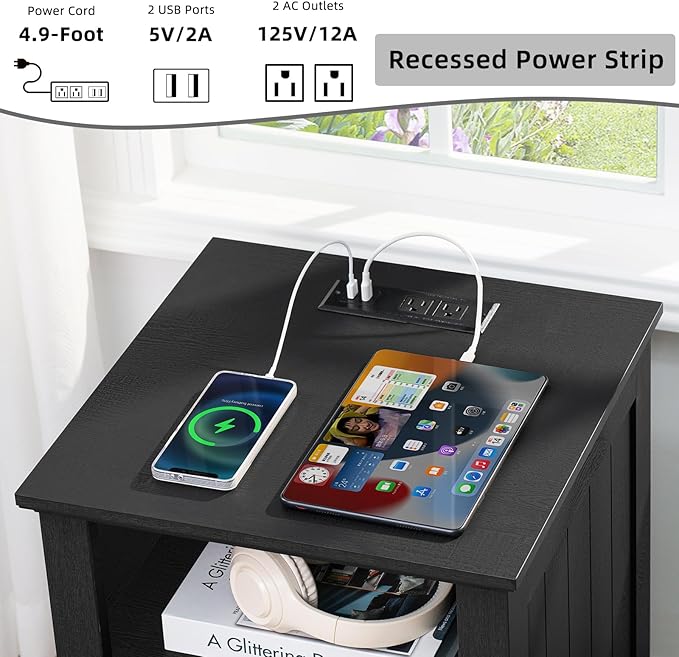 18" Farmhouse Night Stand with Charging Station, 2 Drawers End Table Dresser for Bedroom, Black Wooden Nightstand, Bed Side Table with Open Shelf, Bedside Cabinet for Living Room, Closet