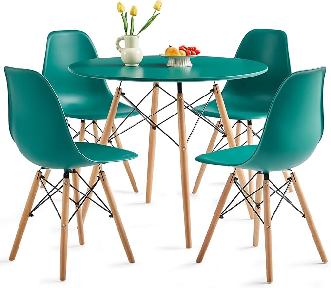 Round Dining Table Set for 4 35.5" Wood Dinner Table Circle Dining Table Kitchen Table Chairs Set of 4 with Wood Strip Base for Kitchen Living Room Space Saving Apartment(Green)