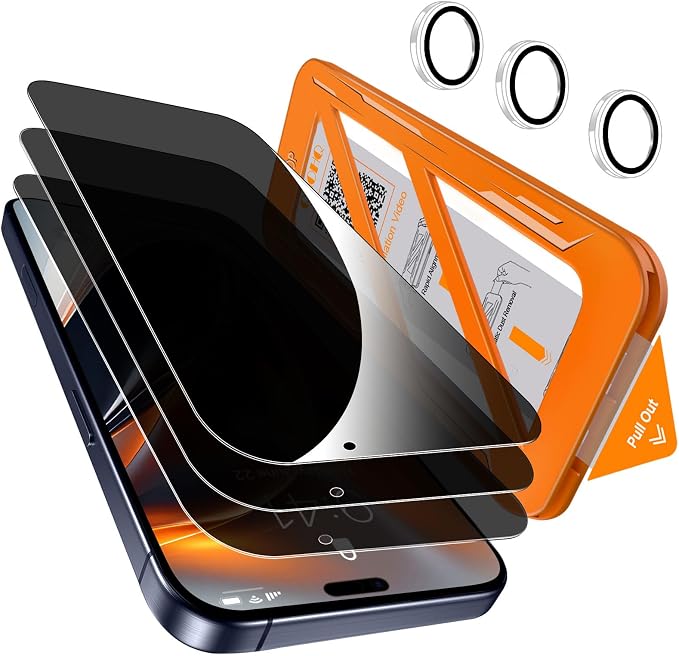 [1-Second Auto-Install] QHOHQ 3 Pack Privacy Screen Protector for iPhone 17 Pro [6.3 Inch] + 1 Set Camera Lens Protector 25° Anti Spy Tempered Glass [12FT Military Grade Shatterproof] Case Friendly