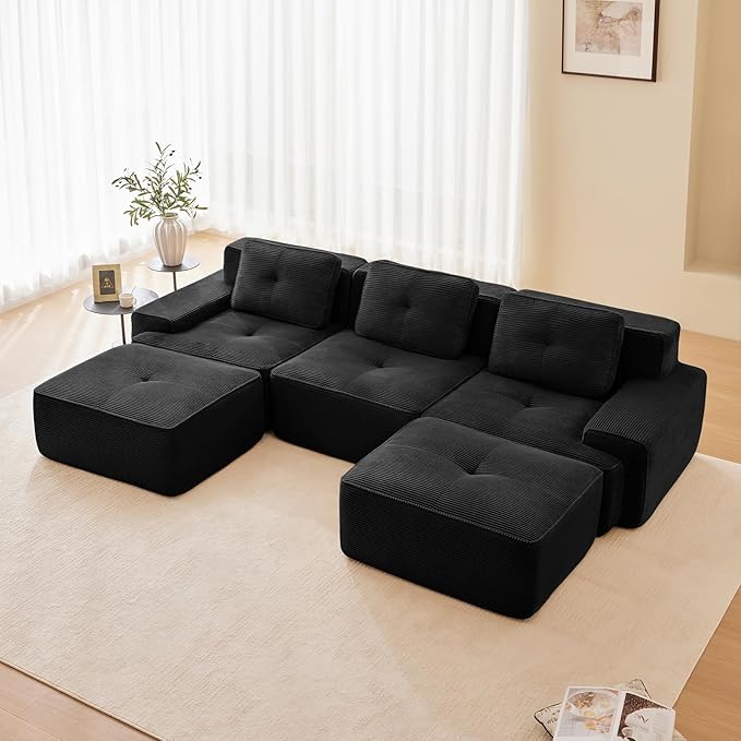 115" Modern Compressed Boneless Couch with Ottoman, 3 Seater Large U Shaped Sectional Couches for Living Room, Black Corduroy Cloud Modular Sectional Sofa, Memory Foam, Extra Deep, No Assembly
