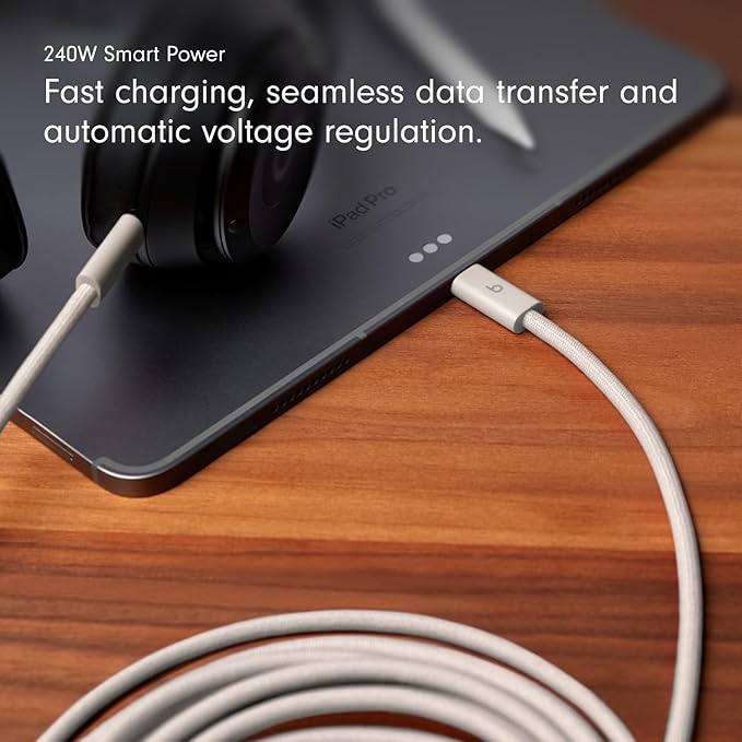 Beats 240W USB-C to USB-C Braided Cable Fast Charging Durable/Tangle Free Compatible with Apple and Android Devices (3 m/10 ft) – Bolt Black