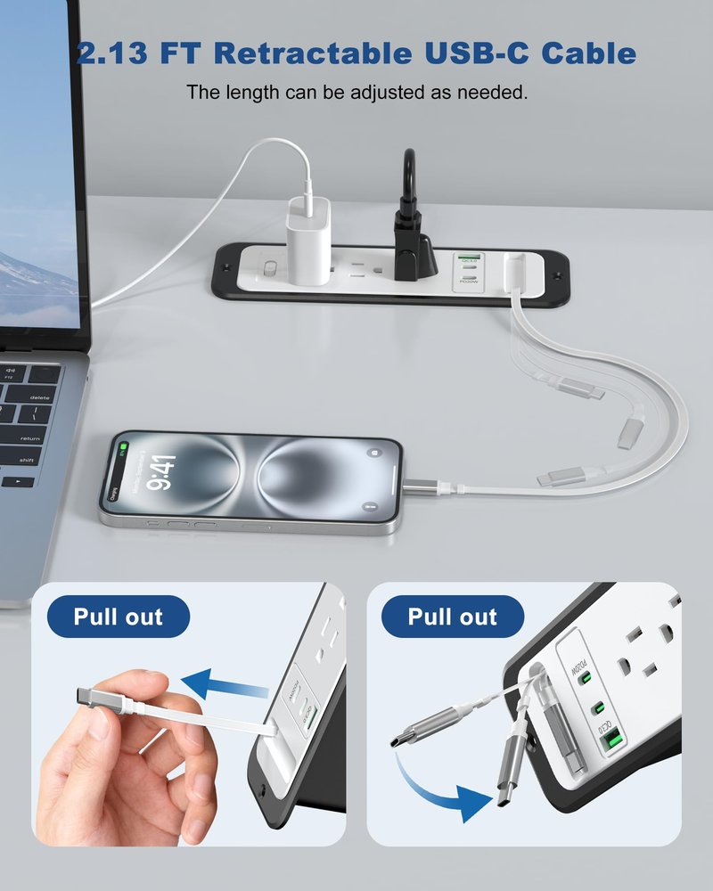 Recessed Power Strip with Retractable USB C Cable,2 PD 20W USB C,Flush Mount Countertop Drawer Outlet, Furniture Hidden Outlet for Side Table,End Table,3 Outlets (White and Black, 6FT-20W)