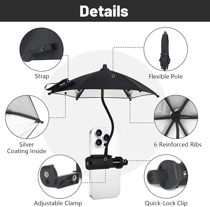 Fixed Clip-on Phone Umbrella for Sun with Flexible Adjustable Handle Mini Strong Clip Cell Phone Umbrellas Sun Shade Anti Sunlight and Glare fits for Universal Smartphones