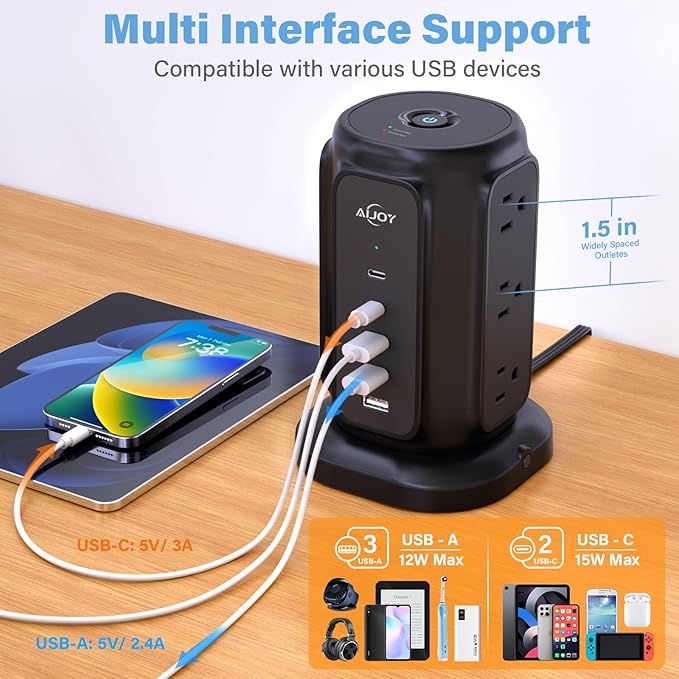 AiJoy Power Strip Tower with 9 AC Outlets and 5 USB Ports (2 USB-C), Flat Plug 1625W 6.5ft Extension Cord, 1200J Surge Protector Charging Station for Home, Office & Dorm
