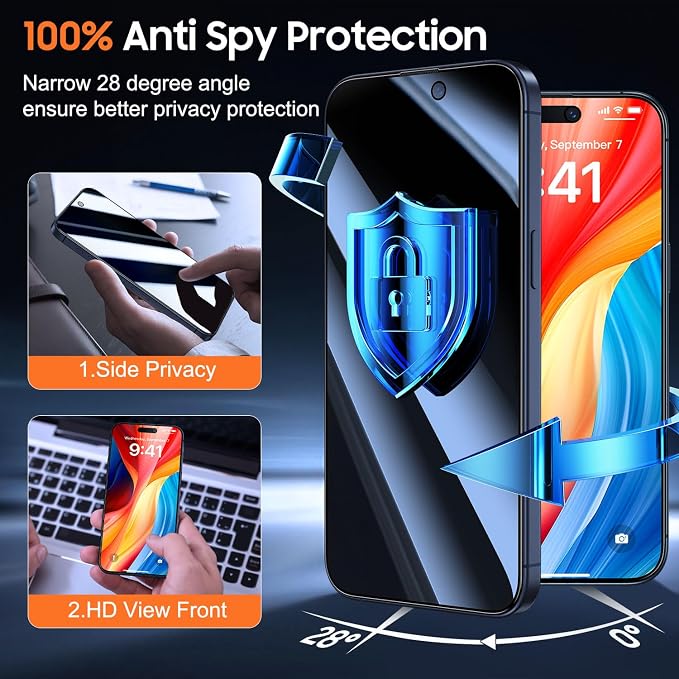 UniqueMe for iPhone 15 Pro Privacy Screen Protector-2 Packs | Military Grade Shatterproof9H+ Hardness Tempered Glass Full Coverage Protection Easy to install