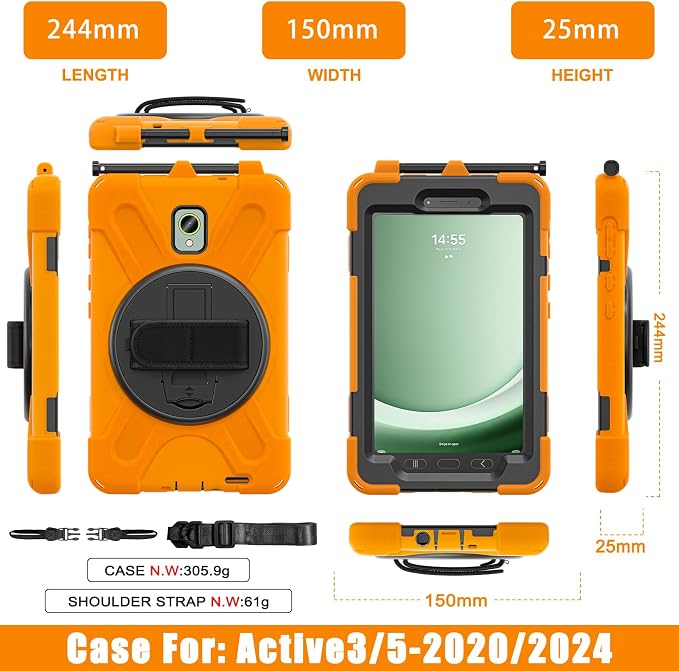 Samsung Galaxy Tab Active5/Active 3 8.0 Case with 360 Stand Handle Hand Strap &amp Shoulder Strap for Galaxy Tab Active5 8 2024 X300/X307 Active3 8 2020 T570/T575/T577 (Black)