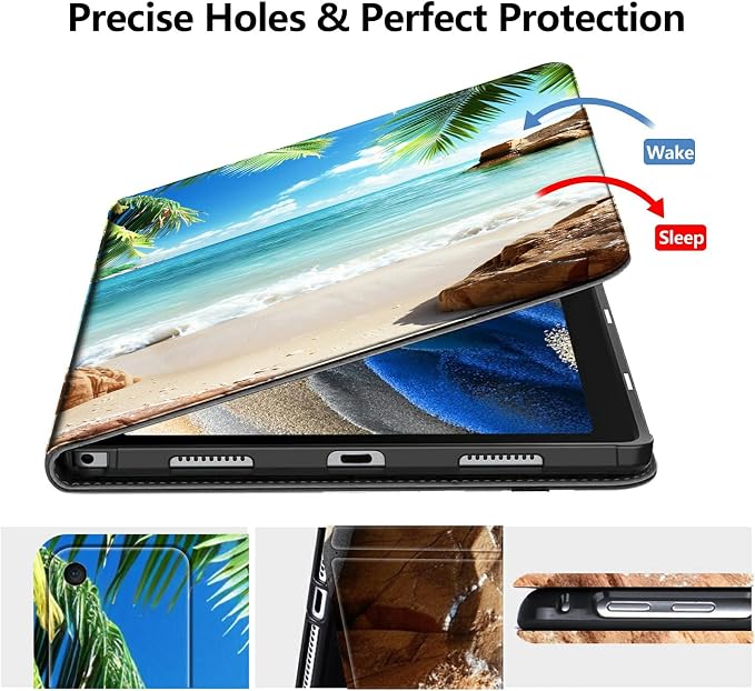 DIGTIALLL Case for Amazon Kindle Fire 7 Inch Tablet (9th/7th/5th Generation 2019/2017/2015 Release) PU Leather Smart Protective Cover with Auto Sleep/WakeBeach Palm Trees
