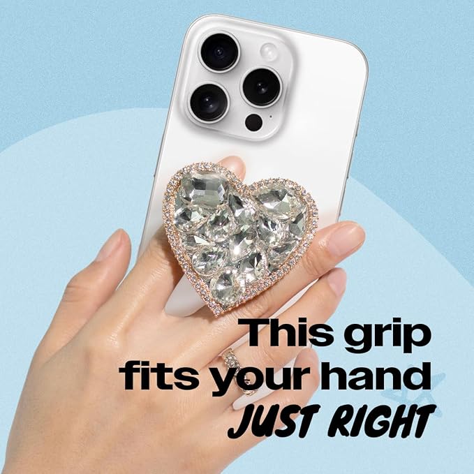 OnTheGrip Cute Cubic Diamond Heart Shape Design Collapsible Expandible Mobile Phone Grip Stand Holder for Smartphone Tablet Cell Phone Accessory (Silver Small)