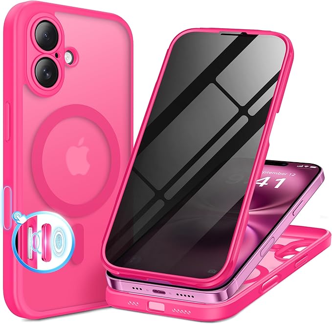 BERFY Magnetic for iPhone 16 Plus Case, Compatible with MagSafe, Built-in Privacy Screen Protector and Upgraded Camera Protection, Anti-Spy Full Body Shockproof Phone Case for 16 Plus 6.7", Hot Pink
