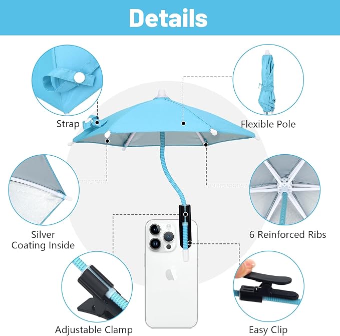 Mini Clip-on Phone Umbrella for Sun Flexible Adjustable Handle Cell Phone Umbrellas Sun Shade Protects from Sunlight and Glare Universal Fit for All Smartphones Black