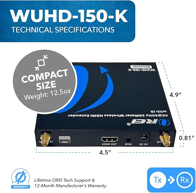 OREI Wireless HDMI Extender Transmitter & Receiver Dongle UtraHD 5.1-5.2 Ghz Up to 4K @ 60Hz - Upto 150 Feet - Perfect for Streaming from Laptop, PC, Cable, Netflix, YouTube, PS4 to HDTV/Projector