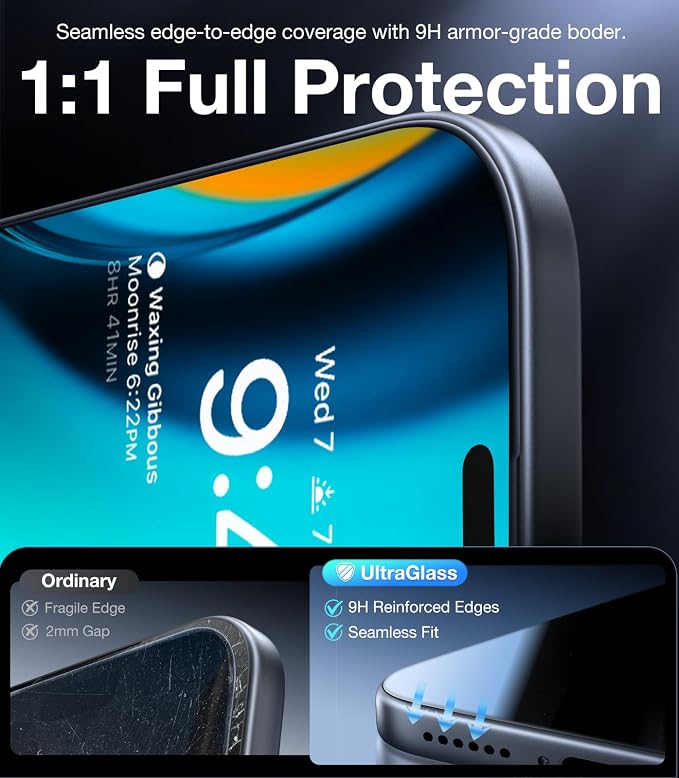 UltraGlass Unbreak Top 9H+ Glass for iPhone 15 Screen Protector (12FT Military Grade Shatterproof &amp Longest Durable) Screen Protector iPhone 15 Tempered Glass Full Coverage 2 Pack