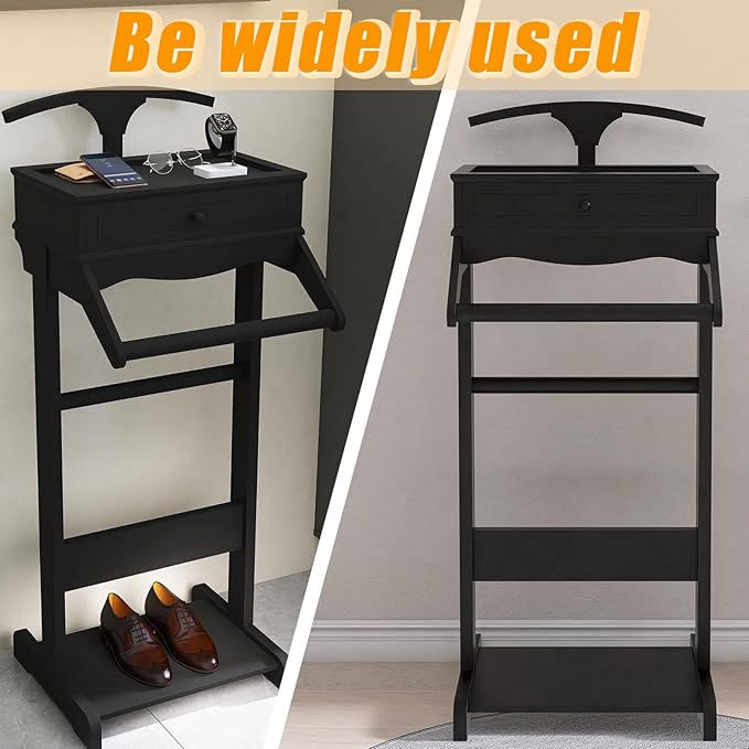 Wood Mens Valet Stand,Freestanding Suit Stand&Clothes Butler Valet Stand with Hanger,Tie&Belt Hooks,Shoe Rack,Storage Organizer for Keys,Watches,Wallet,Jewelry in Entrance,Bedroom (Styel 3, Black)