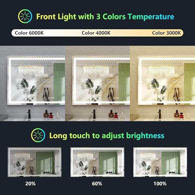 YEELAIT 68x40 Inch RGB LED Bathroom Mirror Front Light and RGB Backlit Lighted Vanity Mirror for Bathroom Wall Mounted Dimmable Anti Fog Memory Shatter-Proof IP54 Waterproof Horizontal/Vertical