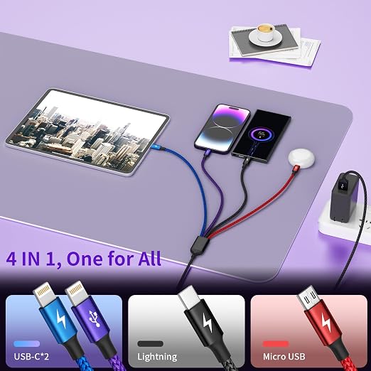 4 in 1 Multi Charging Cable 2 Pack 6FT Charging Cords for Devices | Nylon Braided USB C Car Charger Cable with Dual USB-C IP &amp Micro Ports Long Travel Charging Cord for Cars