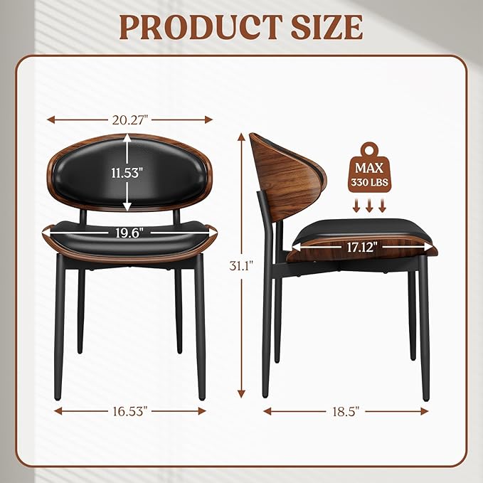 Dining Chairs Set of 2, Mid-Century Modern Upholstered PU Leather Chairs with Walnut Bentwood Back and Metal Legs Adjustable Feet for Kitchen Dining Room, Black PU