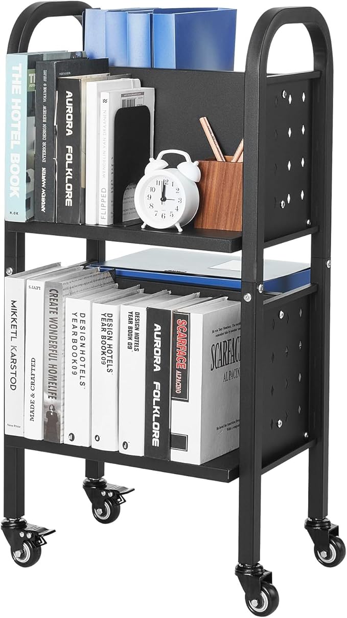 VEVOR Rolling Library Book Cart, 150 lbs Capacity, 17.7 x 13.0 x 34.6-Inch Library Cart, Double Sided L-Shaped Shelves with 2-Inch Lockable Wheels, Book Truck for Home Shelves Office and School, Black