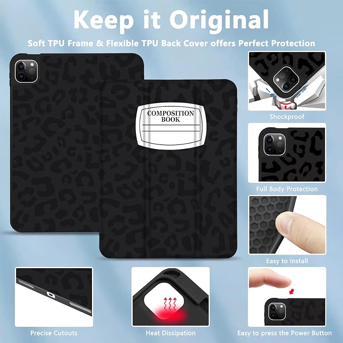 for iPad Pro 11 Inch Case 2022(4th Gen)/2021(3rd Gen)/2020(2nd Gen) with Pencil Holder TPU Shockproof Frame and Protective Leather Cover [Auto Sleep/Wake] Black Cow