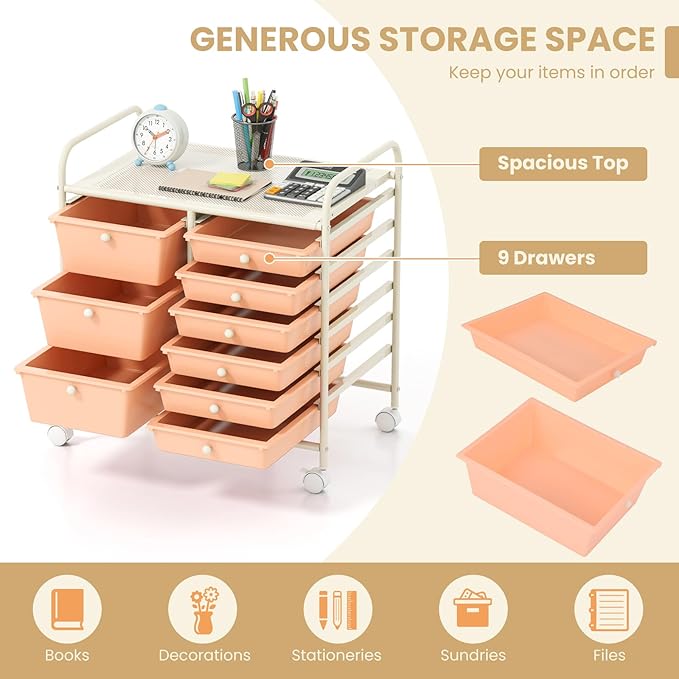 COSTWAY Rolling Storage Cart with 9 Drawer, Mobile Utility Cart with Metal Frame, Art Supply Craft Organizer, Multipurpose Storage Organizer for Paper, Office, School Teacher, Classroom, Peach