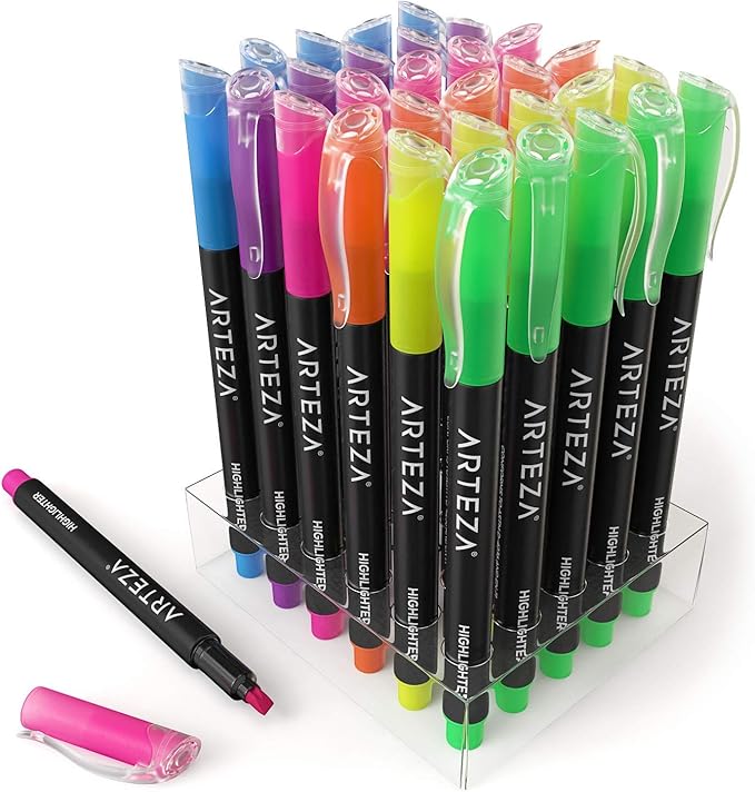 ARTEZA Highlighters Set of 30, Narrow Chisel Tip, Bulk Pack of Markers in 6 Assorted Neon Colors, Office and School Supplies, Note Taking, Planner