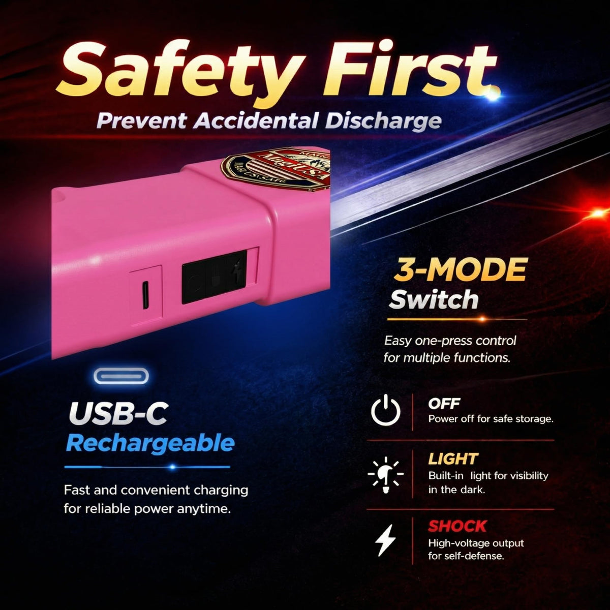 MagiUSA 989 Rechargeable Stun Gun for Self Defense, LED Flashlight, Pink