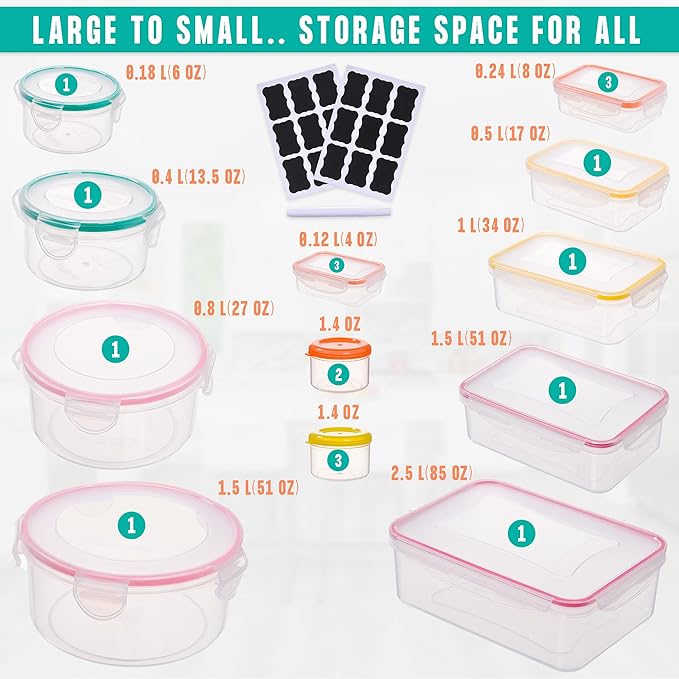 38 Pcs Large Food storage containers-85 oz to Small Container Stackable Kitchen storage bowls sets-BPA Free Leak proof Plastic food Storage Containers with lids airtight-Microwave freezer safe
