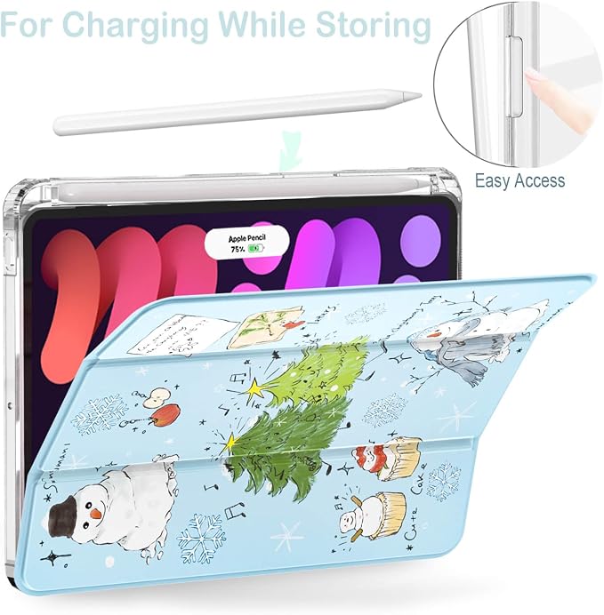 Feams Case for iPad mini 7 A17 Pro 2024/iPad Mini 6 2021 Slim Lightweight Trifold iPad mini 7 A17 Pro Case 8.3 Inch 2024 Clear Back Cover with Pencil Holder &amp Auto Sleep Blue Bow
