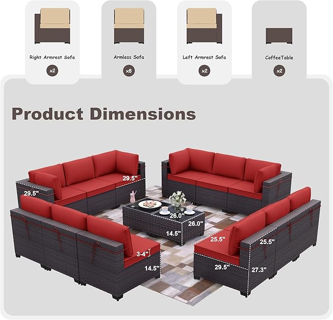 Kurapika 14 Pieces Patio Furniture Set, Rattan Wicker Outdoor Conversation Sets w/4 Inch Cushion and Glass Coffee Table(Red)