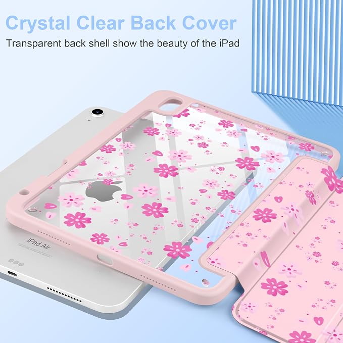 MecBevia Case for iPad Air 11-inch M4 2026 / M3 2025 / M2 2024 | Built-in Pencil Holder Shockproof Clear Hard Back Trifold Stand Auto Wake/Sleep Blue Bow
