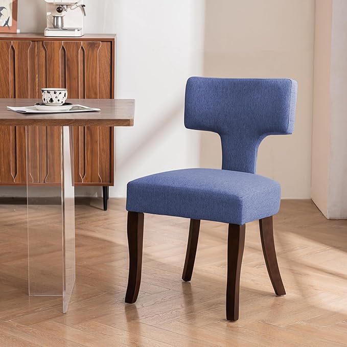 Mid Century Modern Dining Chairs Set of 2, Upholstered Side Dining Chairs with Curved Back Linen Fabric Armless Wood Chairs Kitchen & Dining Room Farmhouse Chairs (Blue)