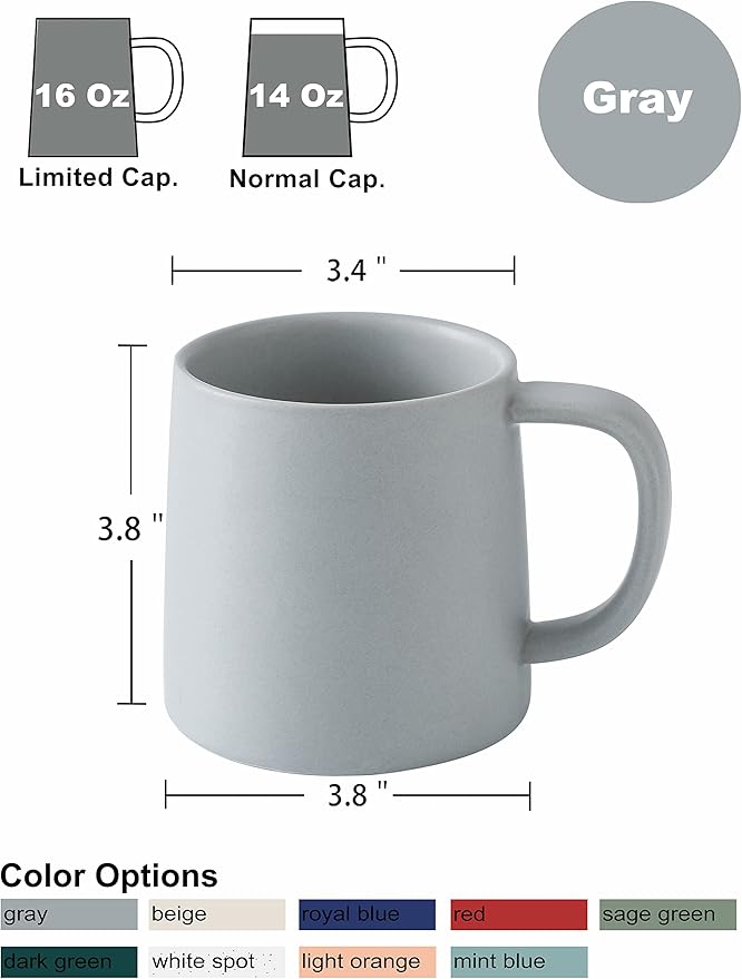 T-WARE 16 Oz Coffee Mugs, Matte Light Grey Mug Set of 2, Ceramic Mugs Coffee, Solid Color Coffee Cups Ceramic