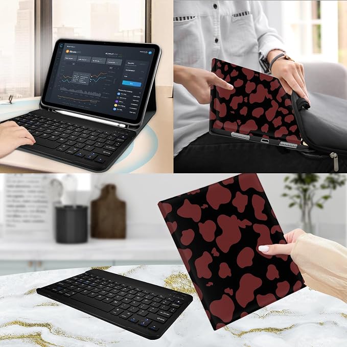 for Bluetooth Keyboard for iPad 10th Gen 10.9 inch (2022) case (A16) 11th / 10th Gen Case 11'' (2025) with 7-Color Backlights Pencil Holder Detachable Rechargeable - Black Cow