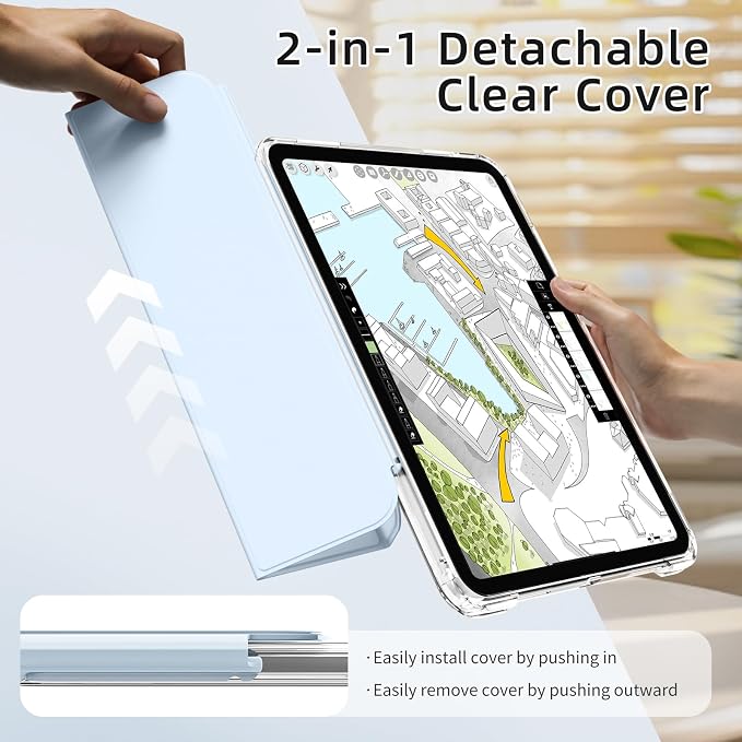 Detachable Case for iPad A16 11th Gen 11/10th Gen 10.9 Black | Slim Transparent Shell Back Soft Shockproof TPU Frame Without Pencil Holder Auto Sleep/Wake