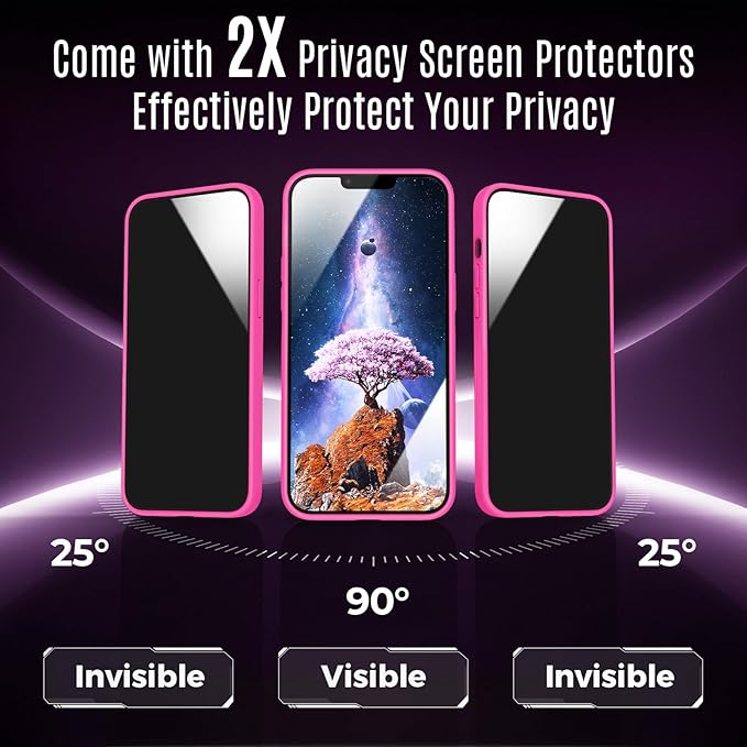 Designed for iPhone 14 Case, Compatible with MagSafe, with Privacy Screen Protectors X2, [Camera Protection] [15FT Military Drop Protection] Shockproof Phone Case, 6.1", Hot Pink