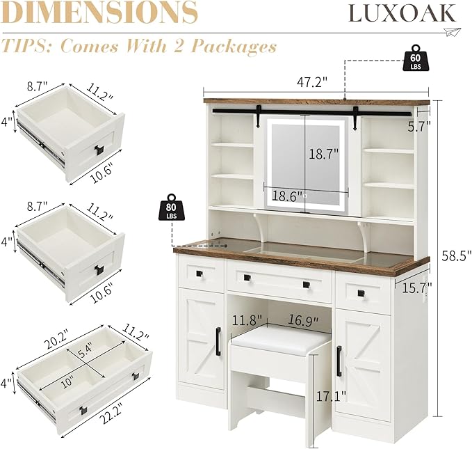 Farmhouse Makeup Vanity Desk with Sliding Mirror and Lights, 47'' Glass Tabletop Vanity Table with Charging Station, Large Vanity Set with Drawers, Stool, Barn Door Dressing Cabinets, White