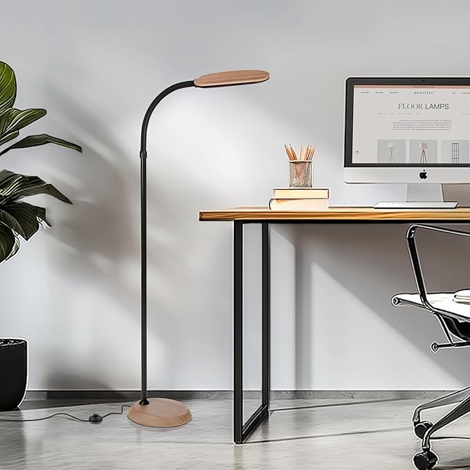 Brightech Litespan Slim LED Floor Lamp - Modern Reading Light Over Chair for Living Rooms & Offices, Tall With Adjustable Gooseneck, Crafts Work Light, Dimmable Standing for Bedroom - Wood