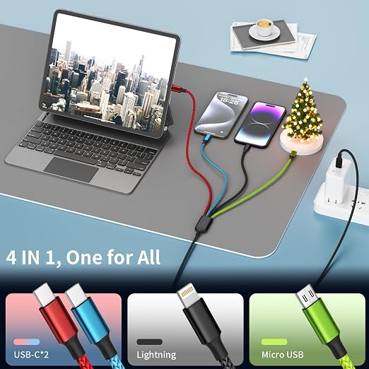 4 in 1 Multi Charging Cable 2 Pack 6FT Charging Cords for Devices | Nylon Braided USB C Car Charger Cable with Dual USB-C IP &amp Micro Ports Long Travel Charging Cord for Cars