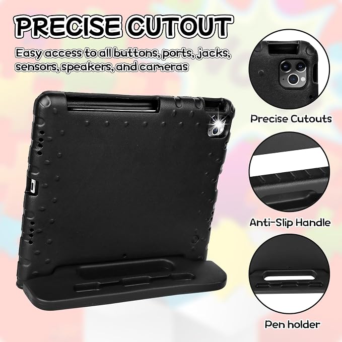 Case for iPad Pro 12.9 Case 2022/2021/2020/2018 with Pencil Holder &amp Hadle Stand Super Protection Kids Proof Cover for iPad Pro 12.9 inch 3rd/4th/5th/6th Generation Black