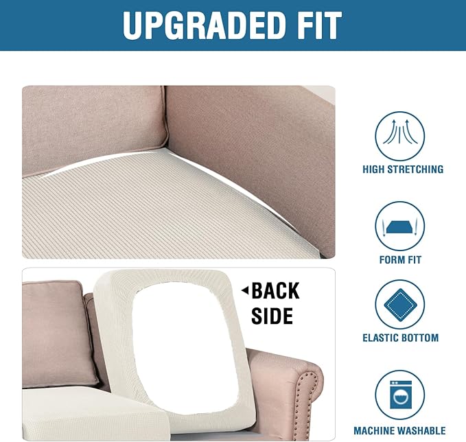 H.VERSAILTEX Super Stretch Individual Seat Cushion Covers Sofa Covers Couch Covers Slipcover Sets Thick Jacquard Textured Twill Fabric (3 Piece XL Sofa Cushion Covers, Cream)