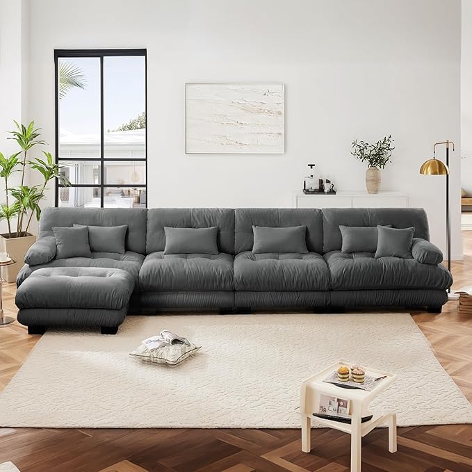 173.2" Oversized Couch, 4 Seater Modular Sectional Sofa, Grey Large L Shaped Fluffy Couch Set, Chenille Cloud Couches with Ottoman, Deep Seat Sofas for Living Room