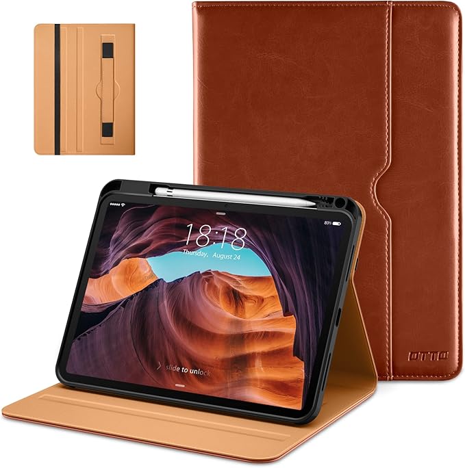 DTTO for iPad (A16) 11th Generation 11-inch &amp 10th Gen Case Brown | Premium Leather Business Cover with Pencil Holder Hand Strap &amp Pocket Corner Protection Auto Sleep/Wake for Work &amp